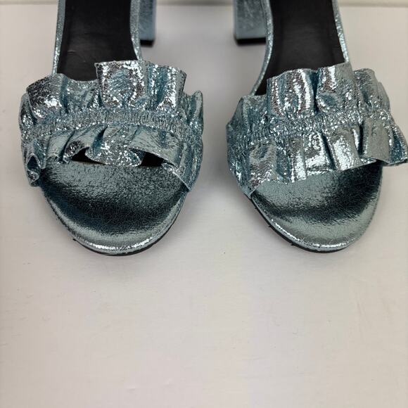 Kenneth Cole Reaction Rise Ruffle Blue Metallic Heel Sandals 8.5 M Evening Event - Picture 3 of 10